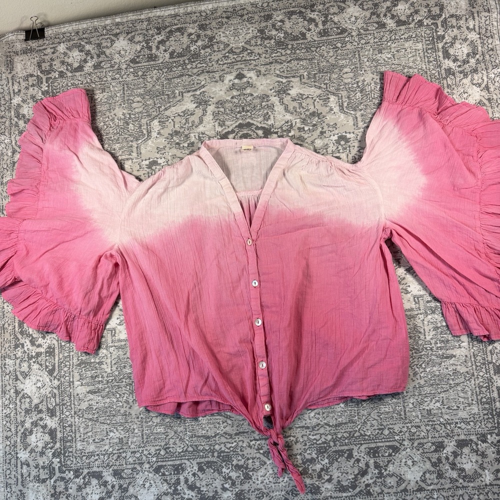Ivy Jane Pink Ombre Dip Dye Tiered Ruffle Bell Sleeve Tie Front Top Shirt M/L
